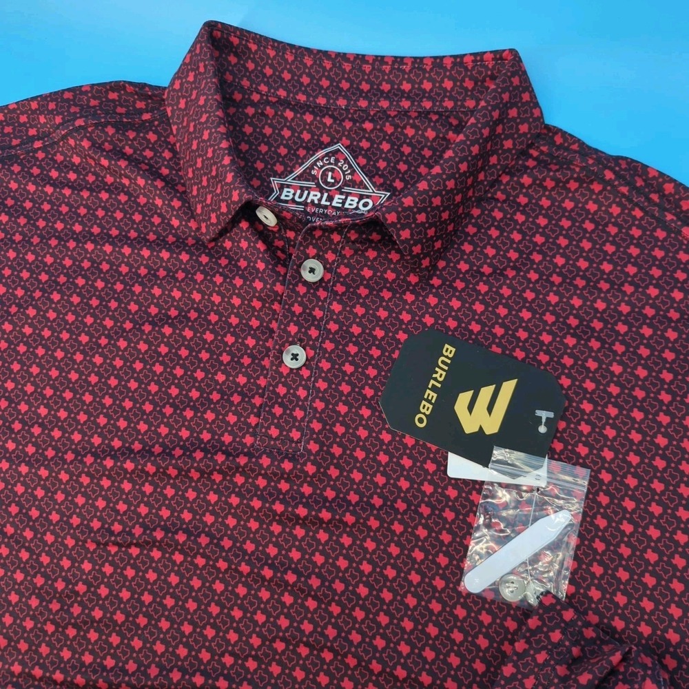 NWT Burlebo Polo Shirt Men's Large Black Red Texas AOP Performance Golf Shirt